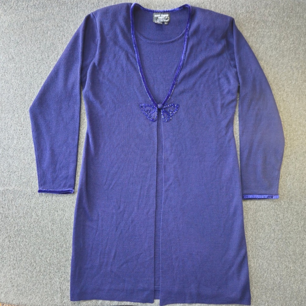 Vintage Saint Tropez West Wool Long Cardigan L Purple Sequin Butterfly Church